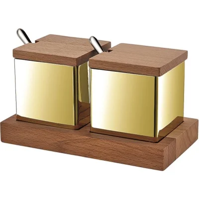 Biradlı Grv-55-Altın Ahşap Standlı Kare 2 Li Baharatlık Takımı Altın