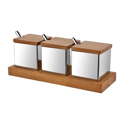 Biradlı Grv-56 Ahşap Standlı Kare 3 Lü Baharatlık Takımı Mat-Parlak